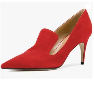 YDN Red Mid Heels Slip on Loafer Pumps Pointy Toe Slide Suede Prom Shoes