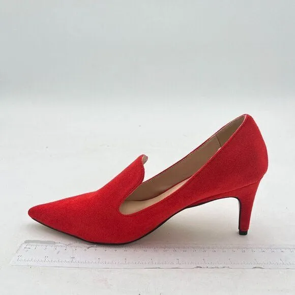 YDN Red Mid Heels Slip on Loafer Pumps Pointy Toe Slide Suede Prom Shoes