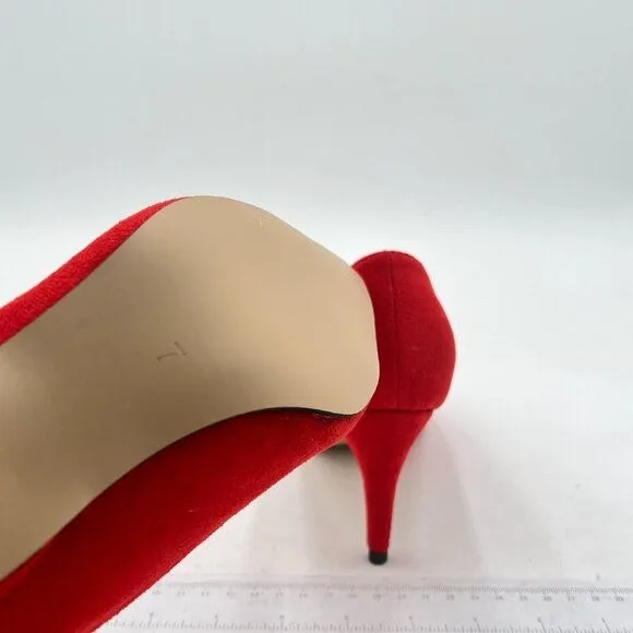 YDN Red Mid Heels Slip on Loafer Pumps Pointy Toe Slide Suede Prom Shoes