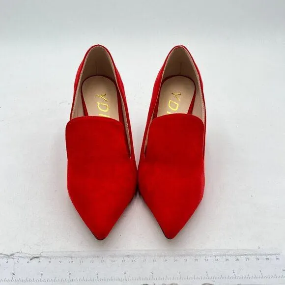 YDN Red Mid Heels Slip on Loafer Pumps Pointy Toe Slide Suede Prom Shoes