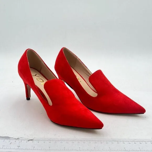 YDN Red Mid Heels Slip on Loafer Pumps Pointy Toe Slide Suede Prom Shoes