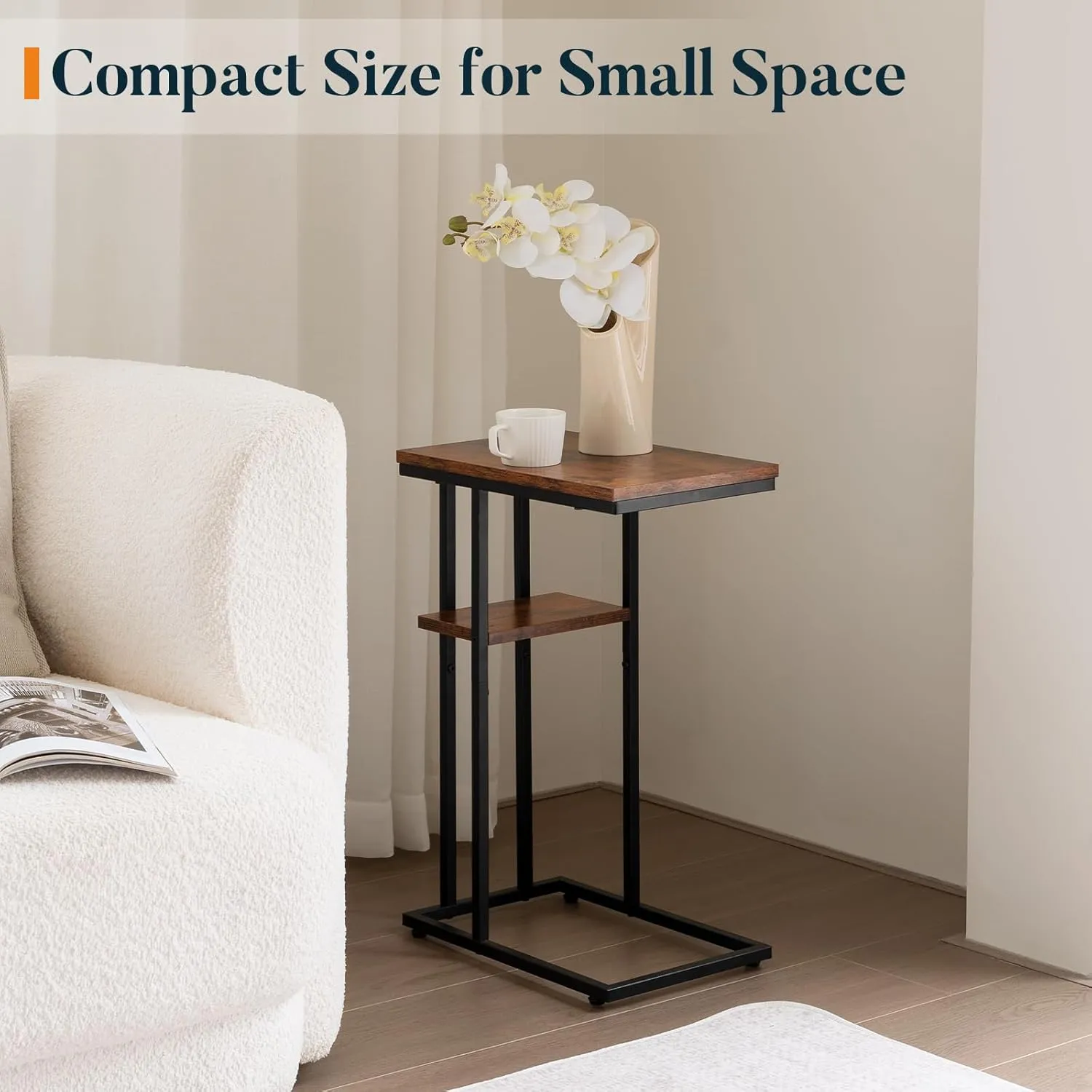 Yoobure C Shaped End Table, Side Table for Couch and Bed, Small Side Tables for Small Spaces, Living Room, Bedroom, Rustic Snack Tables