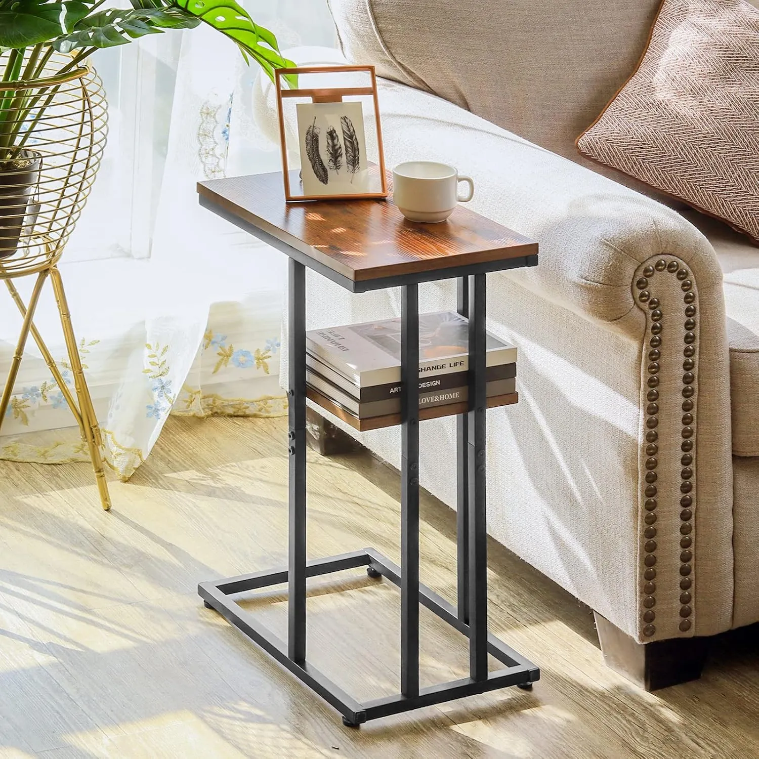 Yoobure C Shaped End Table, Side Table for Couch and Bed, Small Side Tables for Small Spaces, Living Room, Bedroom, Rustic Snack Tables