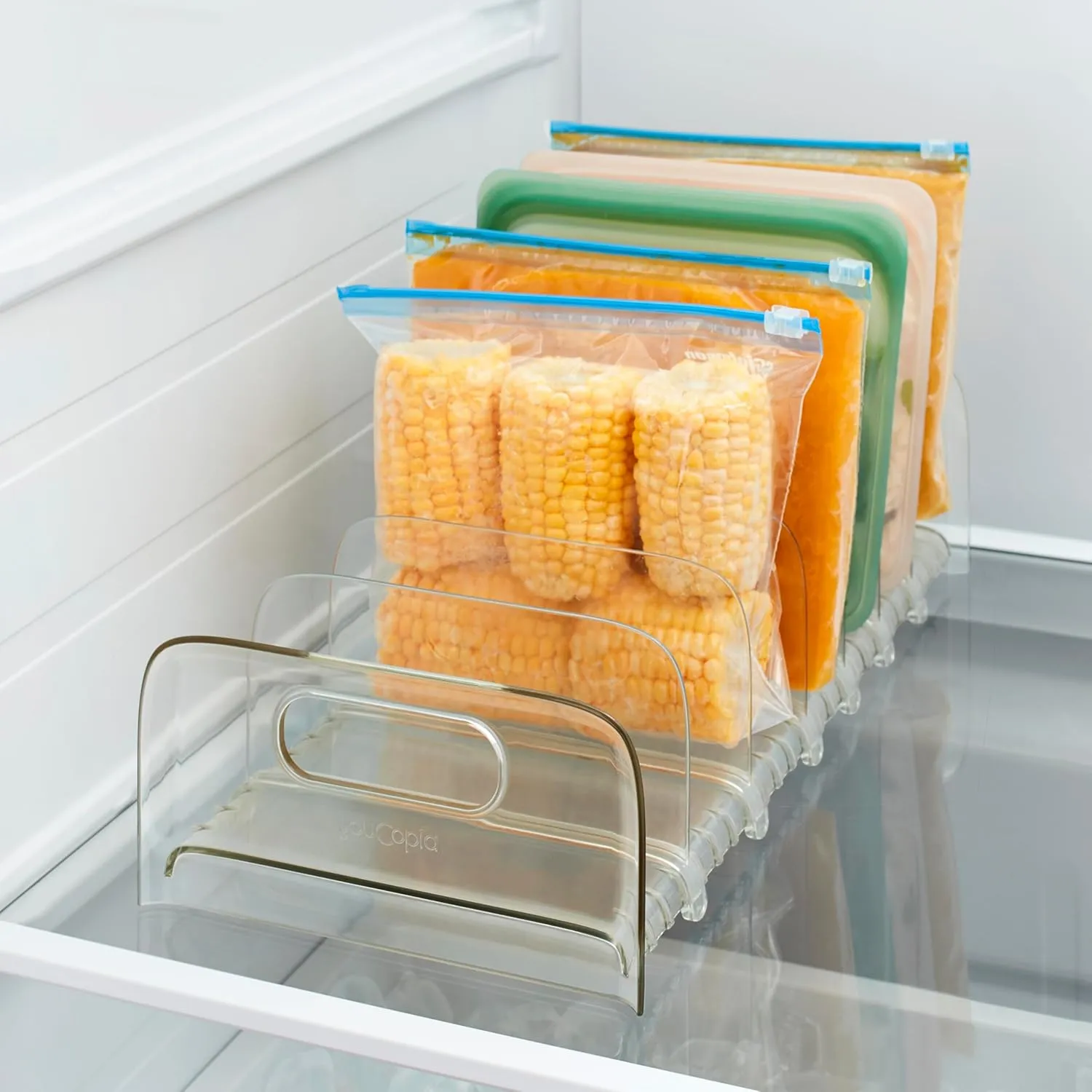 YouCopia FreezeUp Freezer Rack 15" BPA-Free Fridge Organizer with Adjustable Dividers and Handles for Frozen Food Box and Meal Storage, Clear