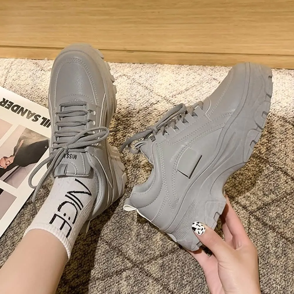 YSMIIH Women Platform Chunky Sneakers Lace up Silver White Cosy Athletic Sports Walking Shoes
