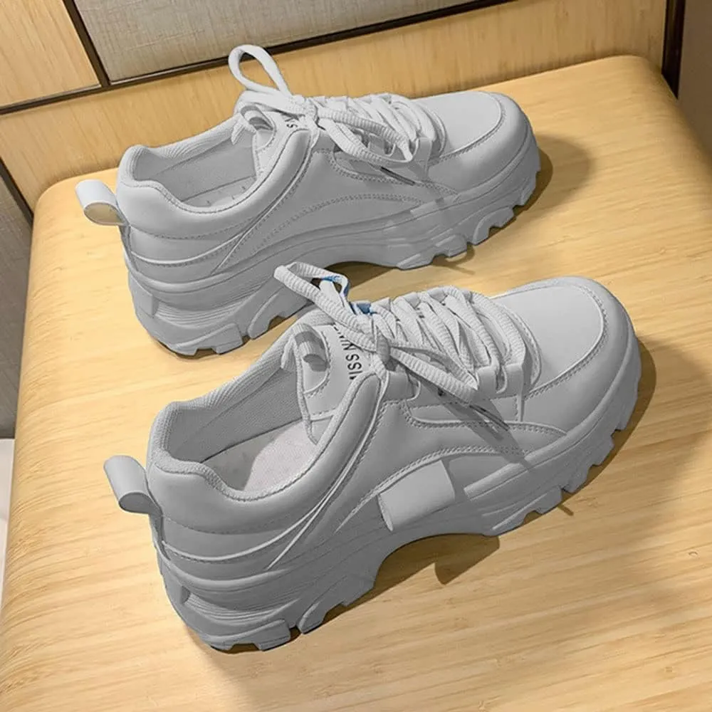 YSMIIH Women Platform Chunky Sneakers Lace up Silver White Cosy Athletic Sports Walking Shoes