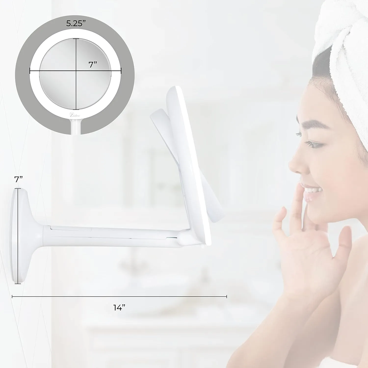 Zadro 7" Lighted Makeup Mirror with Magnification 8X/1X Suction Cup Wall Mounted Makeup Mirror 3-Color LED Travel Mirror